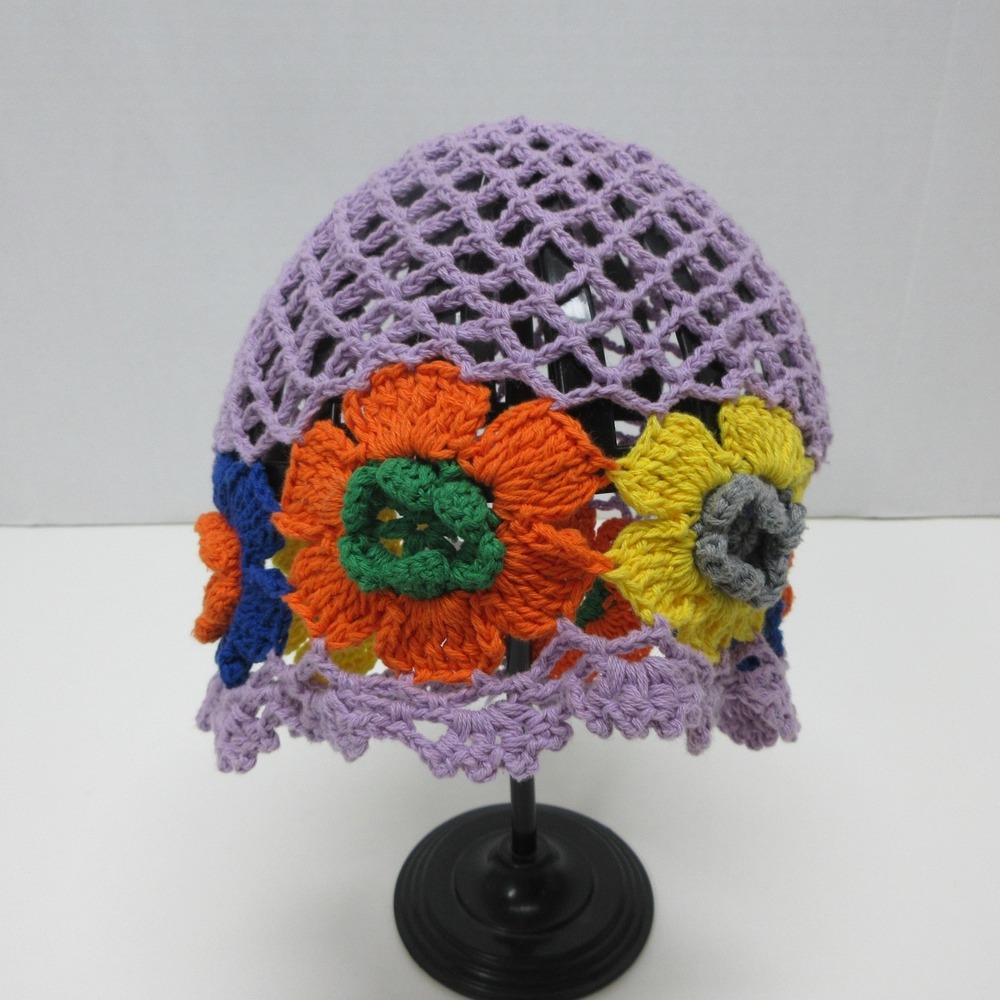 Crochet Floral Beanie Hat Womens OS Purple Multicolor Boho Festival Hippie Cap